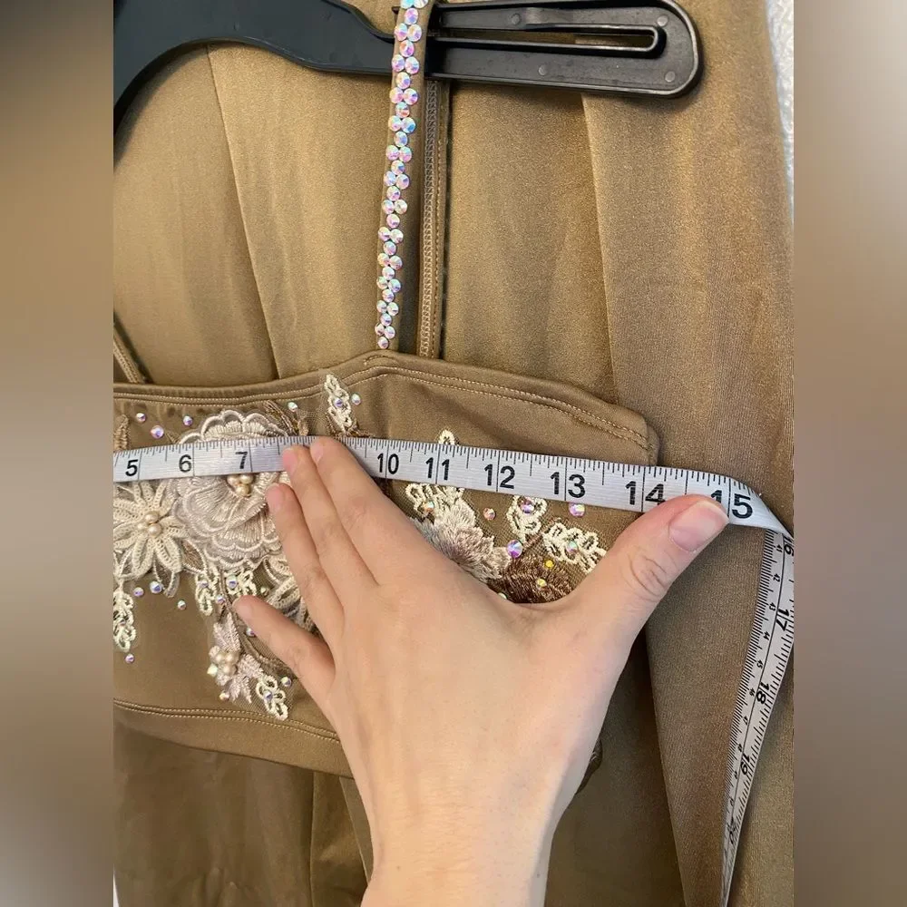 The Line Up Custom Contemporary Solo Costume Taupe Floral Applique Pants SA